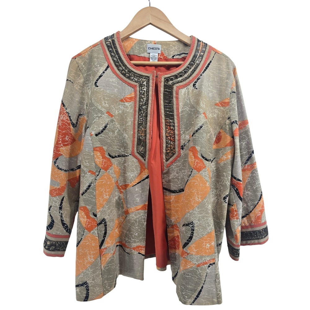 Chico's Jacket Womens 3 Abstract Beaded Embellished Orange Tan EUC